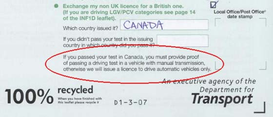 Automatic Only Licence for Canadians